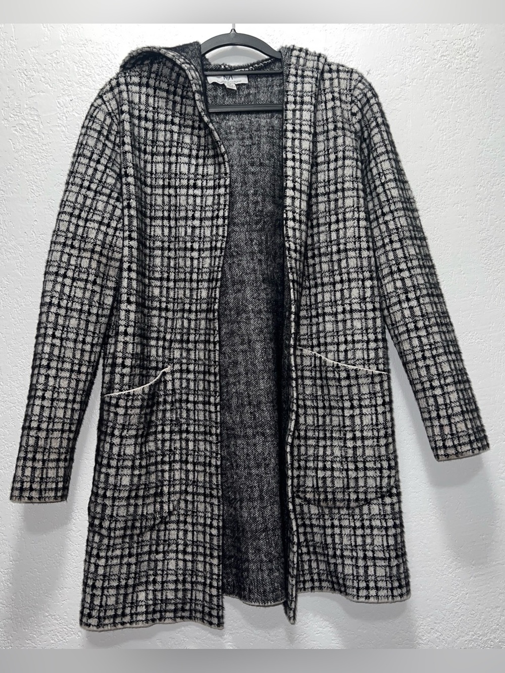 Magaschoni Hooded Plaid Heavy Open Cardigan in Black/White